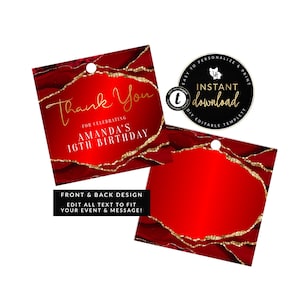 Rot und Gold Achat Gunsten Tags, Achat Gunsten Tags, Rot Geburtstag Tags, Rot und Gold Geschenkanhänger, sofort bearbeitbar digitales Templett