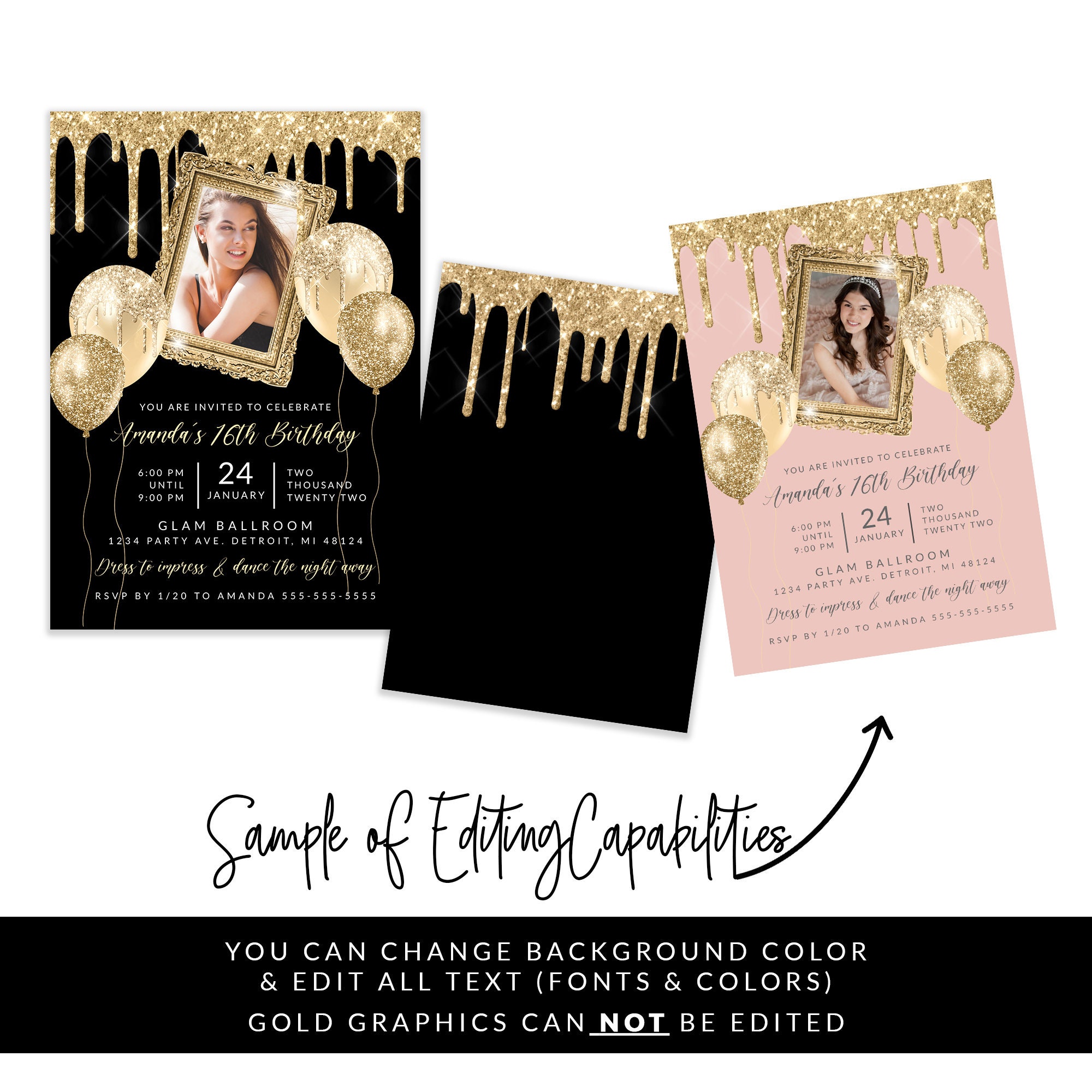 Gold Frame Photo Invitation, Glam Birthday Invitation, Glitter Drip ...