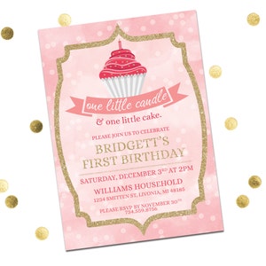 First Birthday Invitation Girl, One Little Candle & One Little Cake Invitation, Pink First Birthday Invitation, Printable Invitation