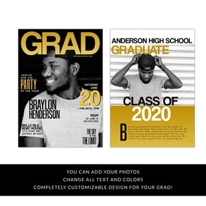 May include: A graduation party invitation with a gold and black color scheme. The invitation features a photo of a young man in a black cap and a gold text overlay that says "GRAD" and "Class of 2020".