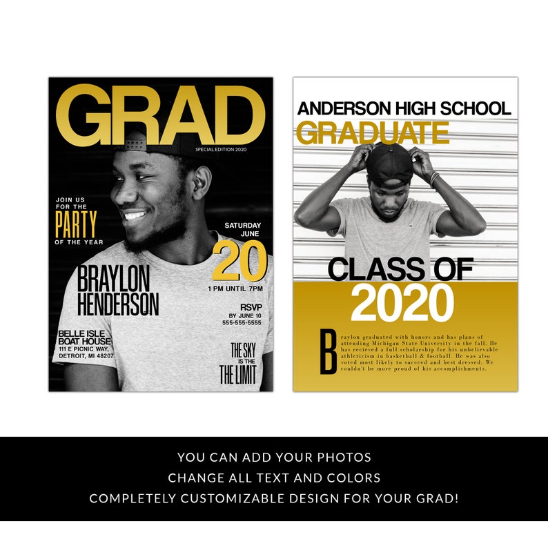 May include: A graduation party invitation with a gold and black color scheme. The invitation features a photo of a young man in a black cap and a gold text overlay that says "GRAD" and "Class of 2020".