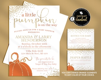 Fall Baby Shower Invitations, A Little Pumpkin Is On The Way, Pumpkin Baby Shower Invitation, Printable Baby Shower Invitation Set