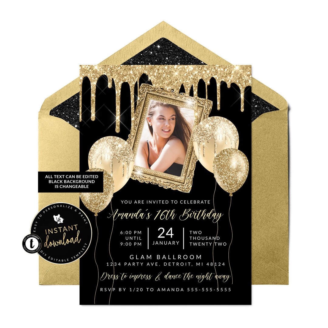 Gold Frame Photo Invitation, Glam Birthday Invitation, Glitter Drip ...