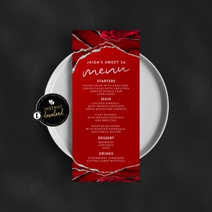 Karta menu w kolorze czerwonym i srebrnym, czerwone menu, menu z agatu czerwonego i srebrnego, czerwone urodziny, czerwone i srebrne menu 4x9, czerwone menu, natychmiastowe pobieranie szablonów