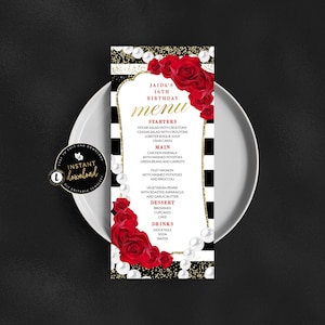 Menükarte mit roten Rosen, Rosen und Perlen. Rosen druckbares Menü, Rosen Tischkarte, Rosen Geburtstag, bearbeitbares Menü, Sofortiger Download Templett