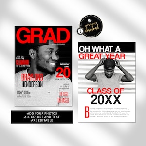May include: A black and white graduation announcement with red text. The announcement features a photo of a young man in a black and white photo. The text reads "GRAD", "Oh What A Great Year", "Class of 20XX", "Braylond Henderson", "Belle Isle Boat House", "Saturday June 20", "1 PM Until 7 PM", "RSVP by June 10", "555-555-5555", "The Tassel Was Worth The Hassle", and "Add Your Photos All Colors and Text Are Editable".