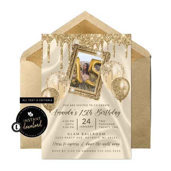 Cream and Gold Invitation, Glam Birthday Invitation, Glitter Drip  Invitation, Gold Birthday, Golden Birthday, Instant Templett Invite - Etsy