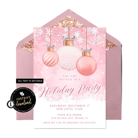 Pink Christmas Party Invitation, Pink Holiday Party Invite, Friends Christmas Party Invitation, Digital Christmas Invite, Printable Templett