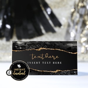 Zwart en goud plaatskaarten, agaat plaatskaarten, zwarte en gouden tentkaarten, marmeren tentkaarten, bewerkbare Templett, plaatskaart instant download