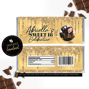 May include: Gold glitter chocolate bar wrapper with a photo of a young woman in a black dress and a black balloon. The wrapper says "Abriella's Sweet 16 Celebration" and has a nutrition facts label with the text "Good Vibes" and "Sparkle".