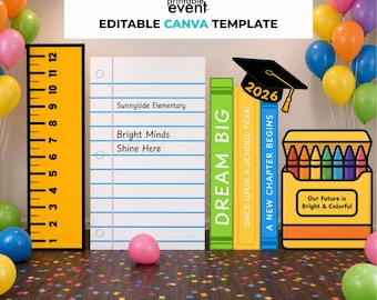 Elementary Graduation Backdrop Prop Set, Back to School Photo Booth Props, Kindergarten Cutouts, Large School Canva Template