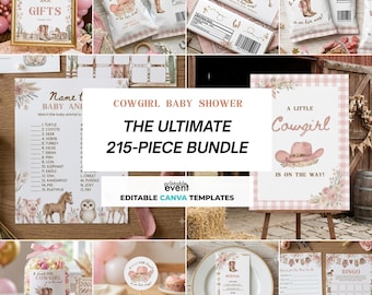Paquete de 207 piezas para baby shower con temática del Oeste, juegos de vaqueras y decoración imprimible para fiestas / Plantillas editables de Canva