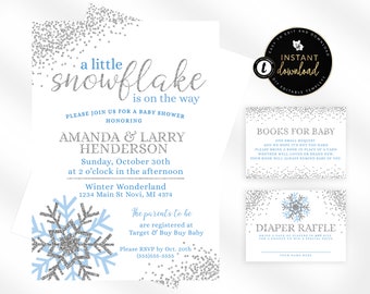 Blue Snowflake Baby Shower Invitation, Boy Winter Baby Shower,Winter Wonderland Baby Shower, Editable Baby Shower Suite, Templett