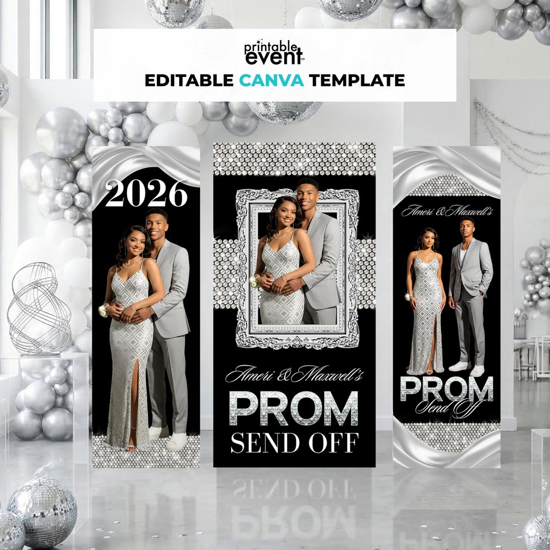 Silver & Diamond Prom Send off Backdrop Canva Template - 3 Piece Custom ...