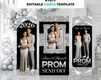 Silver & Diamond Prom Send Off Backdrop Canva Template - 3 Piece Custom Graduation Banner - DIY Glamorous Prom Photo Booth Prop
