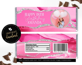 Etichetta per barretta di cioccolato rosa e argento, copertina di caramella rosa e argento, compleanno rosa e argento, compleanno di agata, download istantaneo Templett digitale