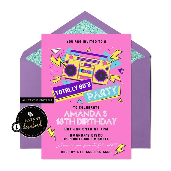 80's Invitation, 80's Boombox Invite, 80's Birthday Invitation, 80's Theme Invitation, Girls 80's Party, Instant Digital Templett