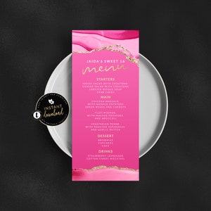 Carte de menu rose et or, menu agate rose et or, menu d'anniversaire rose, menu rose et or, téléchargement immédiat, auto-édition numérique Templett