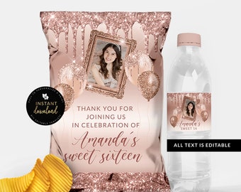 Dripping Rose Gold Chip Bag, Dripping Rose Gold Water Label, Rose Gold Birthday Bundle, Rose Gold Printables, Editable Download, Templett