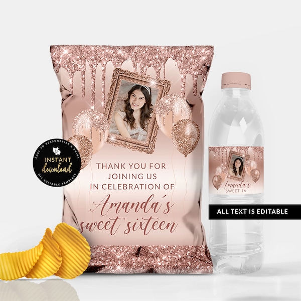 Dripping Rose Gold Chip Bag, Dripping Rose Gold Water Label, Rose Gold Birthday Bundle, Rose Gold Printables, Editable Download, Templett