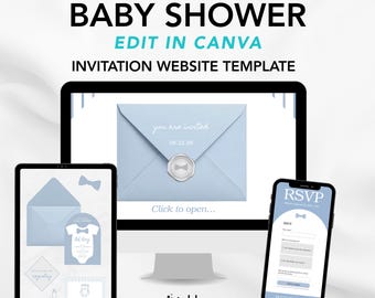 Dusty Blue Bowtie Baby Shower Website Template with RSVP | Editable Canva Template (Digital Download)