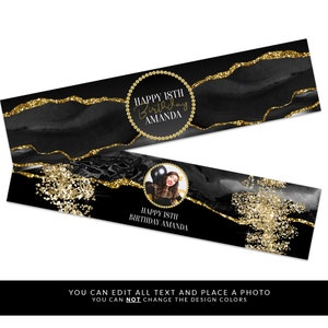 May include: Black and gold printable banner with a glittery background and the text "Happy 18th Birthday Amanda".