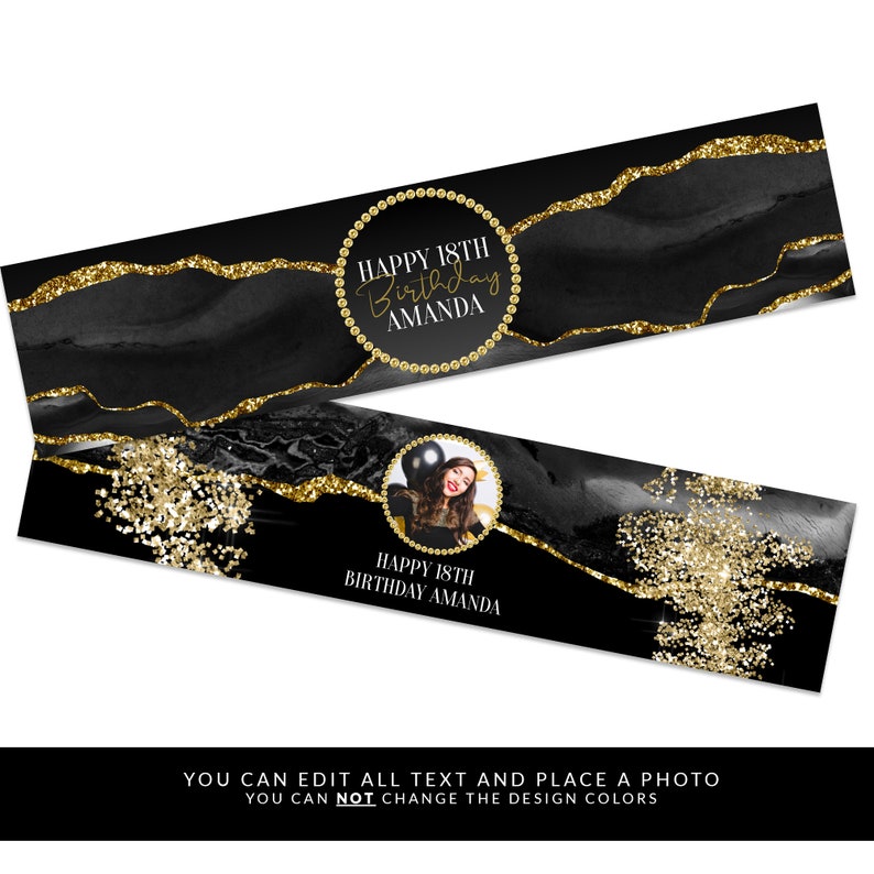 May include: Black and gold printable banner with a glittery background and the text "Happy 18th Birthday Amanda".