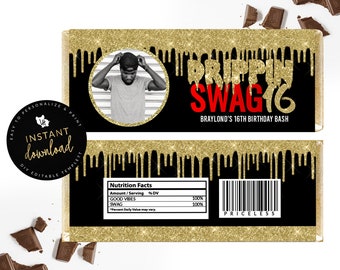 Drippin Swag 16 Gold Candy Bar Label, Swag 16 Candy Label, Swag 16 Party Favor, 16th Birthday, Drippin Swag Instant Digital Templett