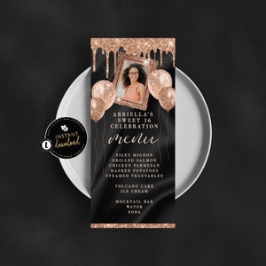 Black and Rose Gold Menu with Photo, Glitter Drip Menu, Rose Gold Birthday, Rose Gold Menu, Birthday Menu Card, Instant Download Templett