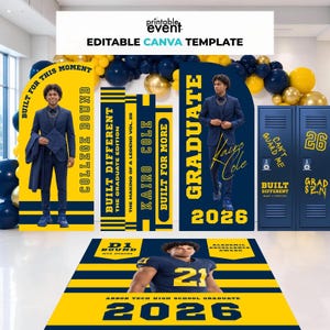 May include: A graduation party backdrop set featuring yellow and navy blue panels with text including BUILT FOR THIS MOMENT, COLLEGE BOUND, GRADUATE, 2026, and KAIRO COLE. The design includes images of a graduate in a suit and a football player.