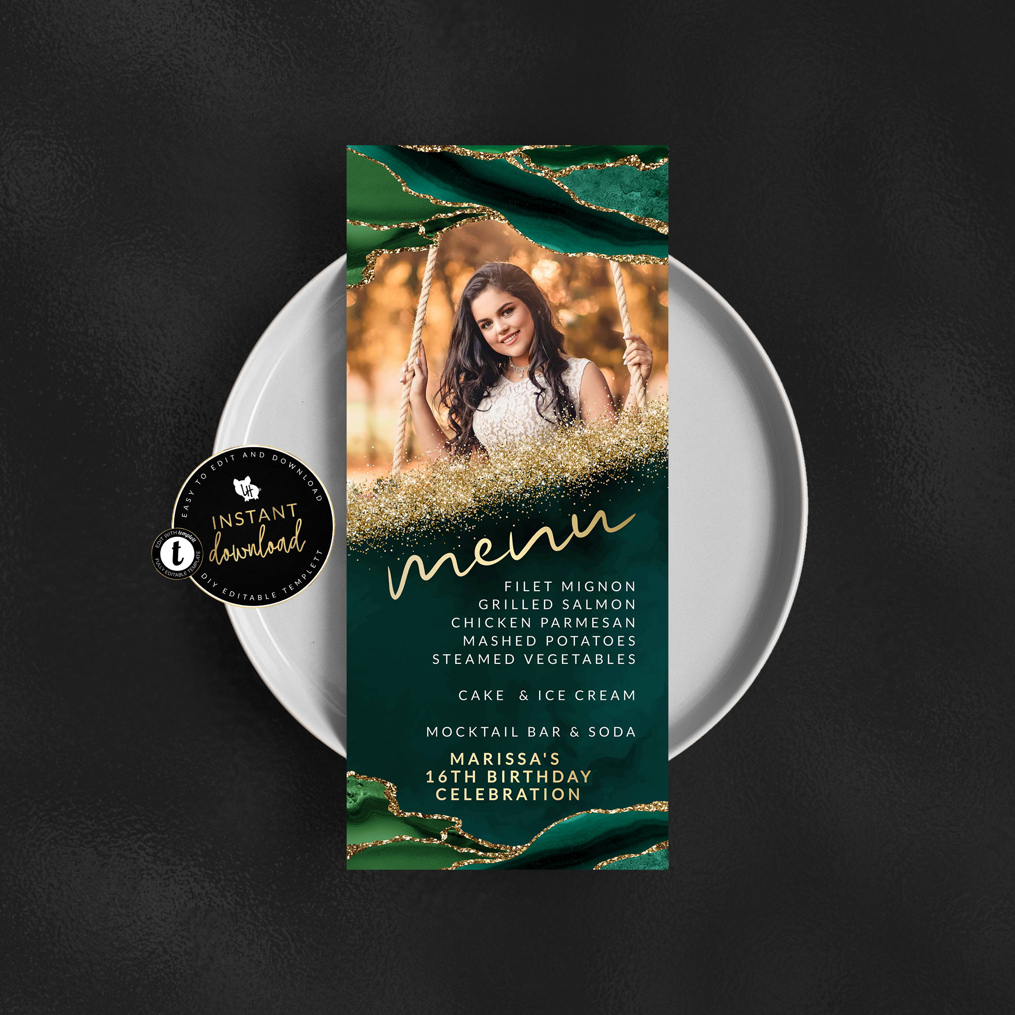Emerald Green and Gold Photo Menu Card, Green and Gold Agate Menu ...