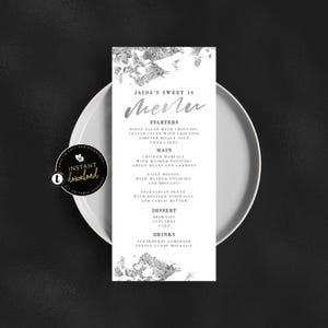 SilverMenu-kaart, zilveren kunstfoliemenu, zilveren menukaart met eindeloze achtergrondkleuren, direct downloaden, zelfbewerkbare digitale Templett