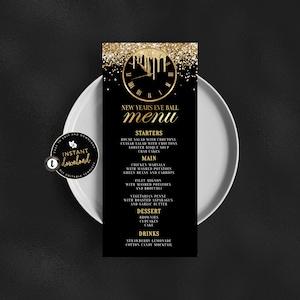 Menu sylwestrowe, Menu NYE, Wizytówki sylwestrowe, Bal sylwestrowy, Edytowalne menu NYE, Menu NYE z zegarem, Samodzielna edycja cyfrowego szablonu