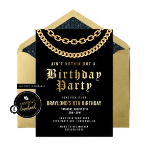 Hip Hop Party Invitation, 90's Birthday Invitation, Gold Chain Invitation, 90's Party, Hip Hop Party, Instant Download Digital Templett