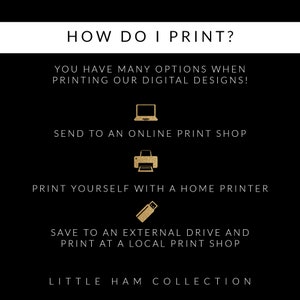May include: A black and white graphic with gold text explaining how to print digital designs. The text reads "HOW DO I PRINT?" and lists three options: "Send to an online print shop", "Print yourself with a home printer", and "Save to an external drive and print at a local print shop". The graphic also includes icons for a computer, printer, and USB drive. The text "LITTLE HAM COLLECTION" appears at the bottom.