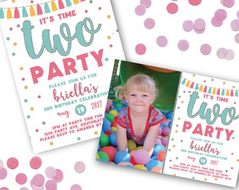 May include: A pink and blue birthday invitation with a photo of a young girl in a ball pit. The invitation says "It's Time Two Party" and includes the name "Briella's" and the date "Aug 19, 2017".