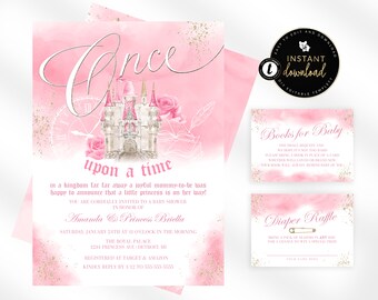 Princess Baby Shower Invitation Suite, Once Upon a Time Baby Shower, Pink Princess Baby Shower Invite, Instant Templett Invitation Suite