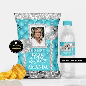 Teal and Silver Chip Bag, Teal and Silver Water Label, Teal Birthday Bundle, Teal Party Printables, Editable Download, Prom Chips, Templett