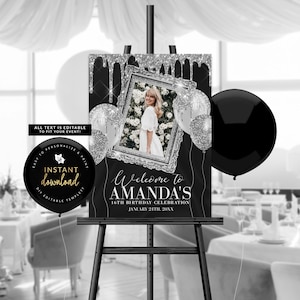 Black and Silver Photo Welcome Sign, Dripping Silver Poster, Black and Silver Welcome Poster, Birthday Welcome, Editable Welcome Templett