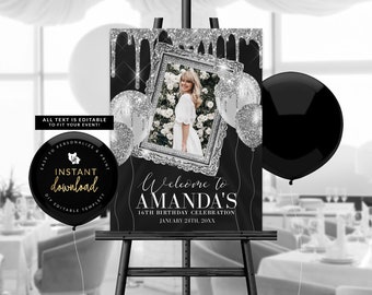 Black and Silver Photo Welcome Sign, Dripping Silver Poster, Black and Silver Welcome Poster, Birthday Welcome, Editable Welcome Templett
