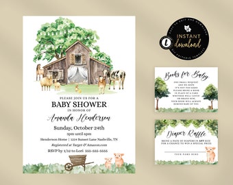 Farm Baby Shower Suite, Farm Animal Invitation, Rustic Baby Shower Invite, Gender Neutral Baby Shower Invite, Editable Baby Shower Suite