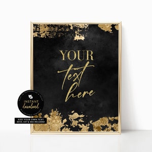 Bewerkbaar zwart en goud bord, verjaardagsbord, zwart en goud bord, elegante gouden grunge-signalisatie, bewerkbaar direct Templett-bord