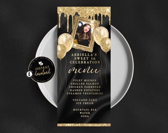 Black and Gold Menu Card with Photo, Glitter Drip Menu, Gold Birthday, Gold Gold Menu, Birthday Menu Card, Instant Download, Menu Templett