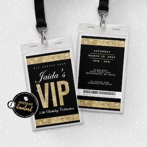 Invitación VIP, Inserto VIP dorado para cordón, Invitación con pase VIP, Invitación de cumpleaños VIP, Pase VIP imprimible, Invitación digital Templett