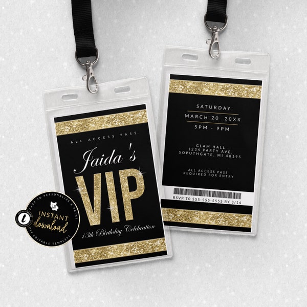 VIP Invitation, Gold VIP Insert for Lanyard, VIP Pass Invitation, Vip Birthday Invitation, Printable Vip Pass, Templett Digital Invite