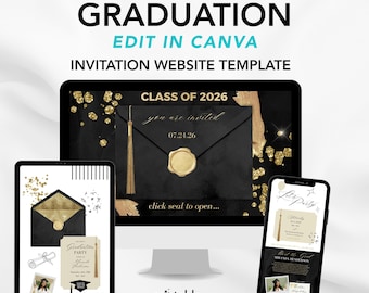 Black Gold Graduation Website Template with RSVP | Modern Doodle Grad Party Site (Digital Download) | Canva Template