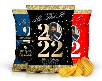 Gold Graduation Printable Chip Bag, Custom Graduation Chip Bag, Grad School Color Chip Bag, Graduation Party Favor, Instant Digital Templett