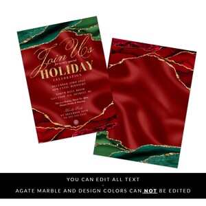 Op de afbeelding: Rode en groene agaatmarmeren uitnodiging met gouden glitteraccenten. De uitnodiging luidt "Join Us for a very special Holiday Celebration" met de datum, tijd en locatie van het evenement.
