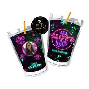 Glow Party Juice Pouch Labels, All Glow&#39;d Up Juice Label, Glow Party Printable, Printable Juice Pouch Labels, Instant download Templett