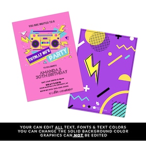 May include: A pink and purple birthday invitation with a retro boombox graphic and the text "Totally 80's Party" to celebrate Amanda's 30th birthday. The invitation includes the date, time, location, and RSVP information.